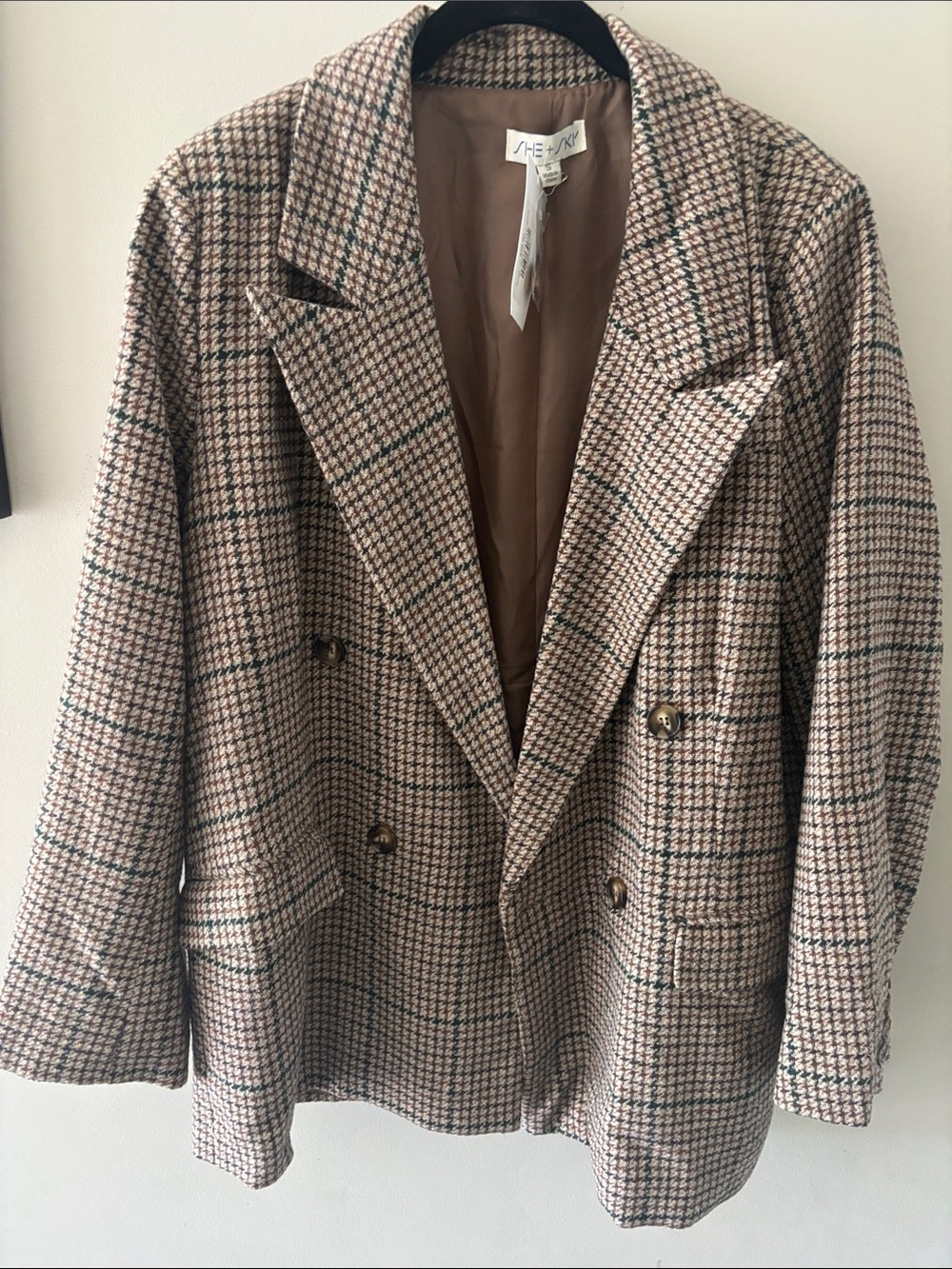 Sky Checked Double-Breasted Blazer - Beige, Brown & Green Windowpane